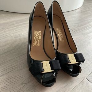 Salvatore Ferragamo Pola Vara Bow Peep Toe Pumps